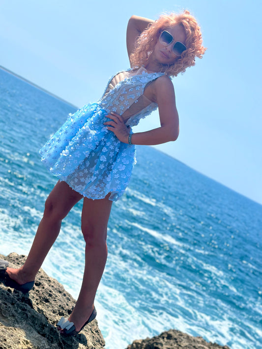 Sky Blue Mesh Mini Рокля
