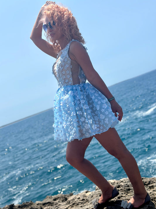 Sky Blue Mesh Mini Рокля  