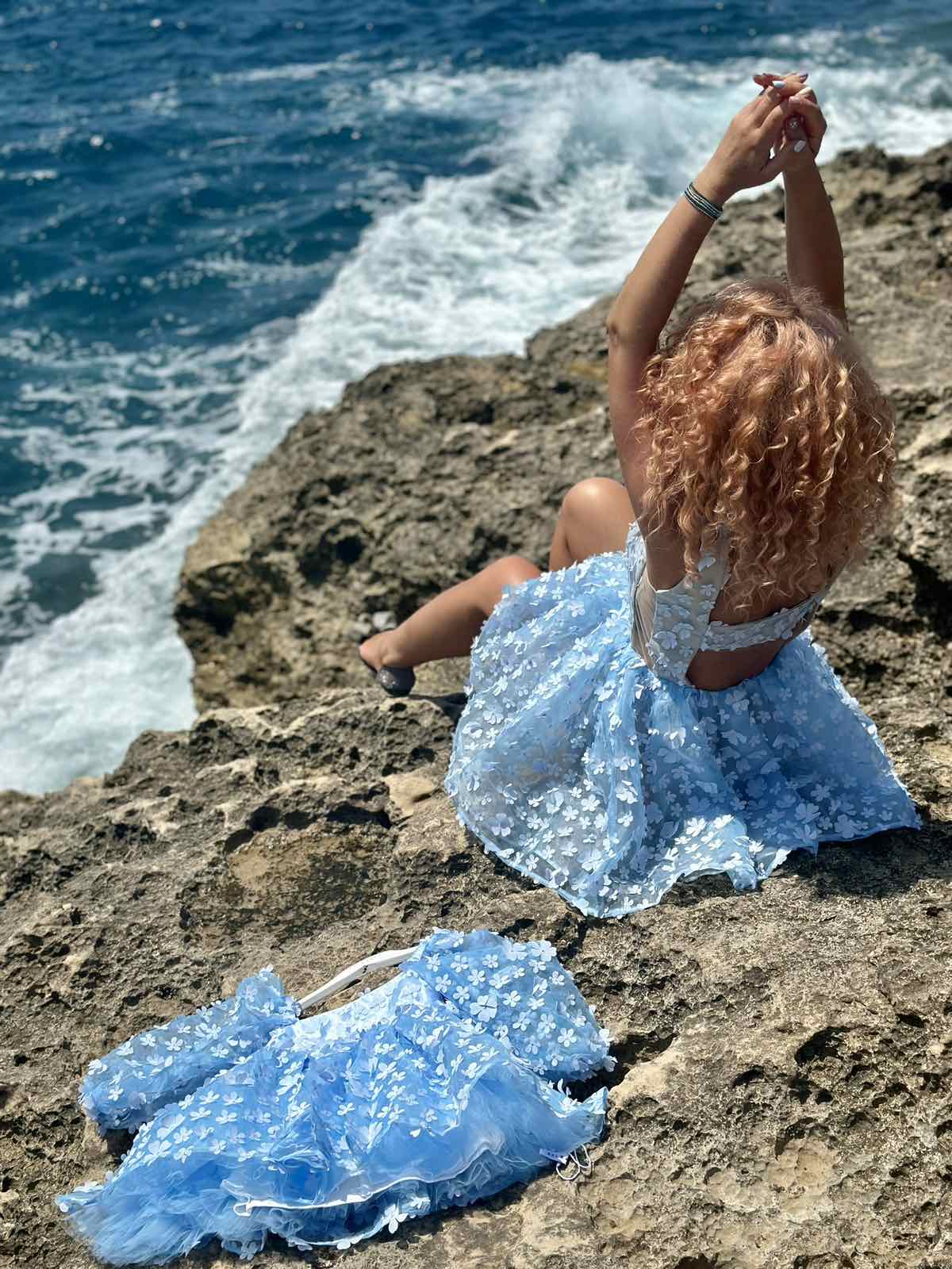 Sky Blue Mesh Mini Рокля  