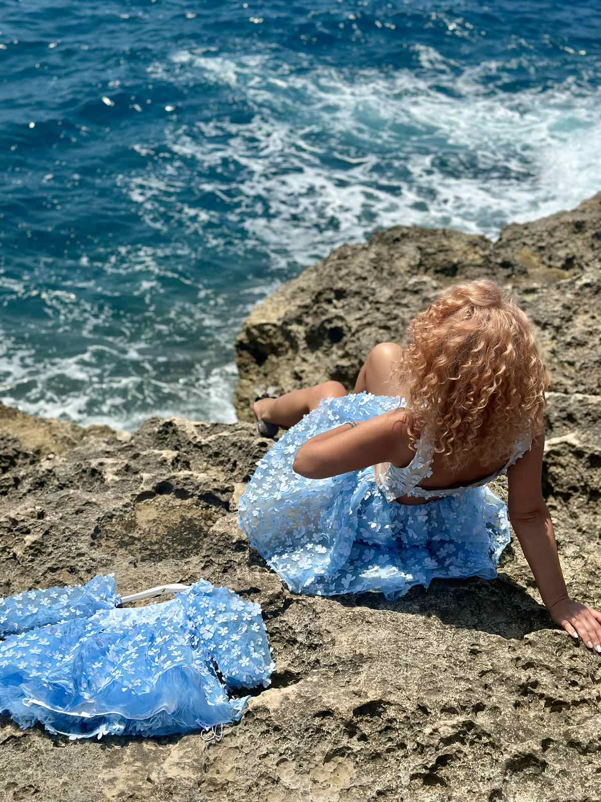 Sky Blue Mesh Mini Рокля  